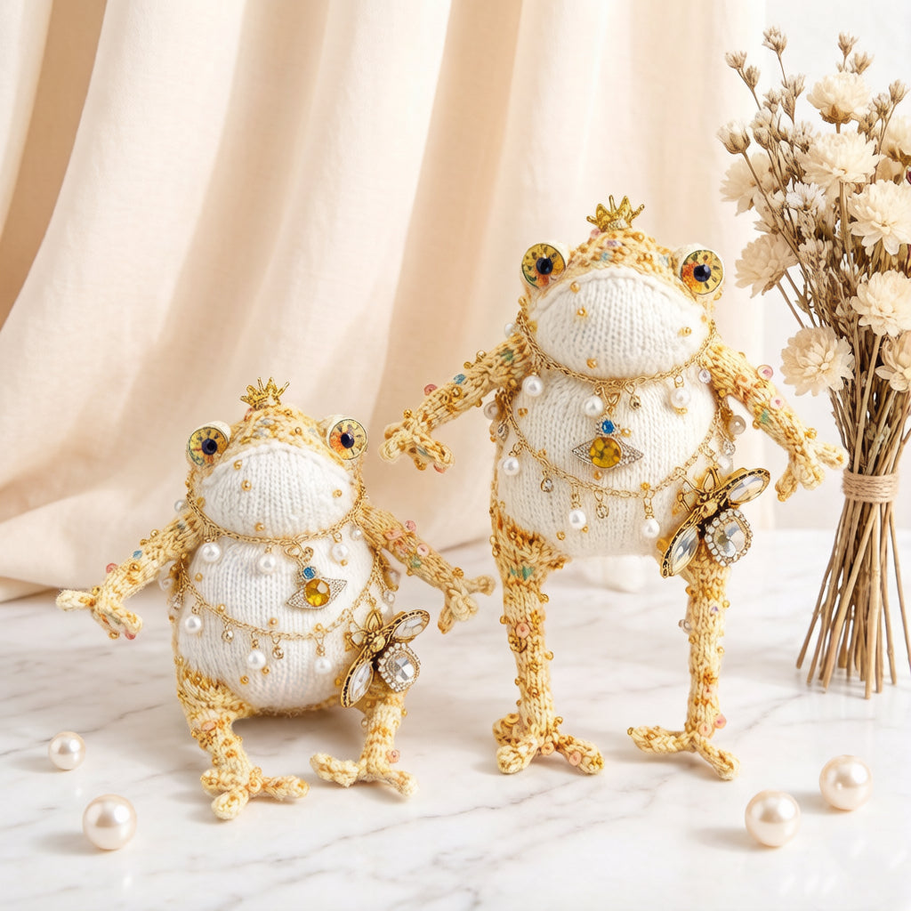 Cosmic Bee Saturn Toad – Handknit Cream &amp; Gold Figurine with Crystal-Winged Bee, Planetary Pendant &amp; Sequin Stardust