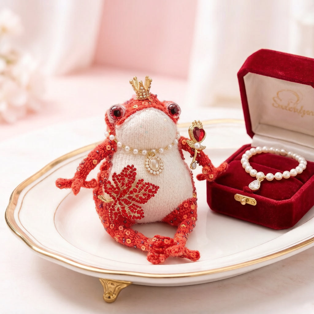 Heart Scepter Ruby-Eyed Toad Queen – Bejeweled Crochet Figurine with Gold Sequins, Pearl Necklace, Diamond Pendant &amp; Leaf Brooch