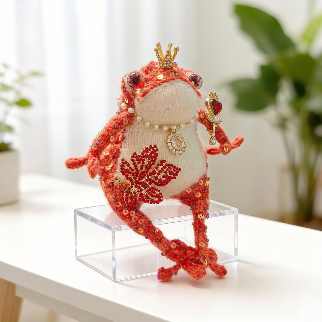 Heart Scepter Ruby-Eyed Toad Queen – Bejeweled Crochet Figurine with Gold Sequins, Pearl Necklace, Diamond Pendant &amp; Leaf Brooch