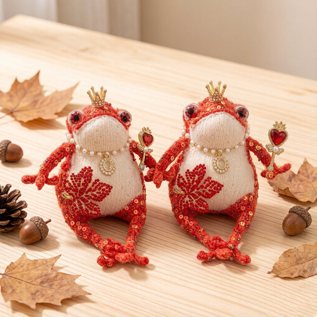 Heart Scepter Ruby-Eyed Toad Queen – Bejeweled Crochet Figurine with Gold Sequins, Pearl Necklace, Diamond Pendant &amp; Leaf Brooch