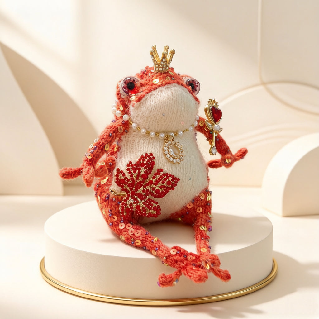 Heart Scepter Ruby-Eyed Toad Queen – Bejeweled Crochet Figurine with Gold Sequins, Pearl Necklace, Diamond Pendant &amp; Leaf Brooch