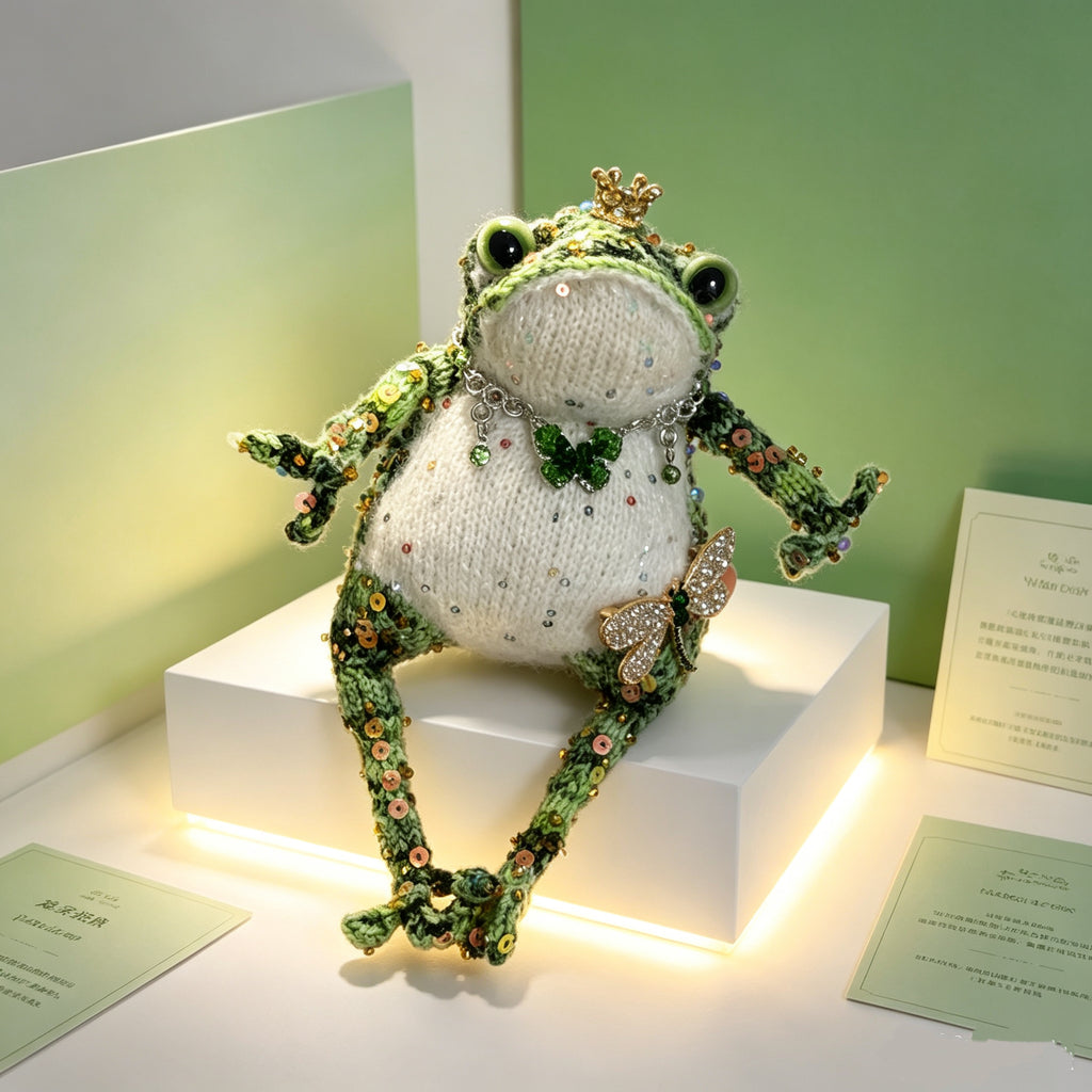 Emerald Jewel Toad – Handmade Green Crochet, Golden Crown, Sequin Spots &amp; Forest Fairy Accessories