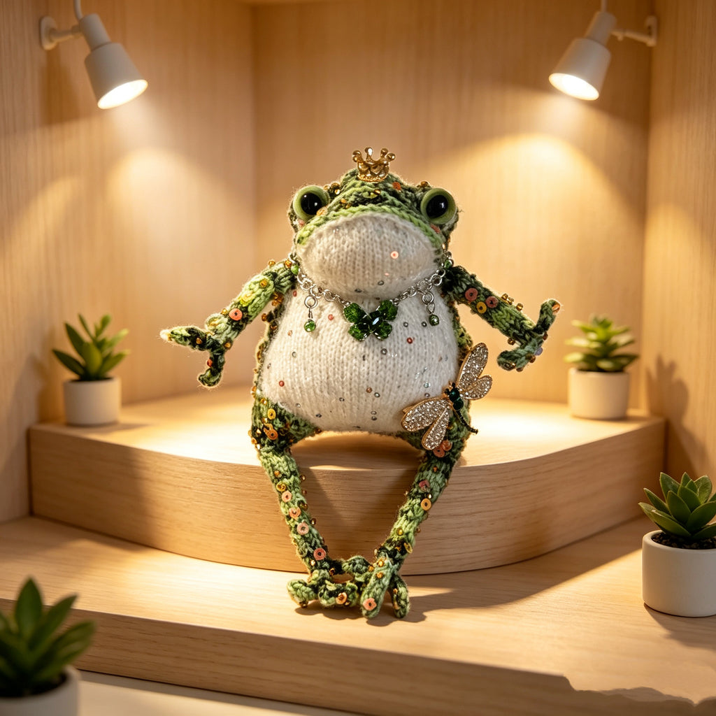 Emerald Jewel Toad – Handmade Green Crochet, Golden Crown, Sequin Spots &amp; Forest Fairy Accessories