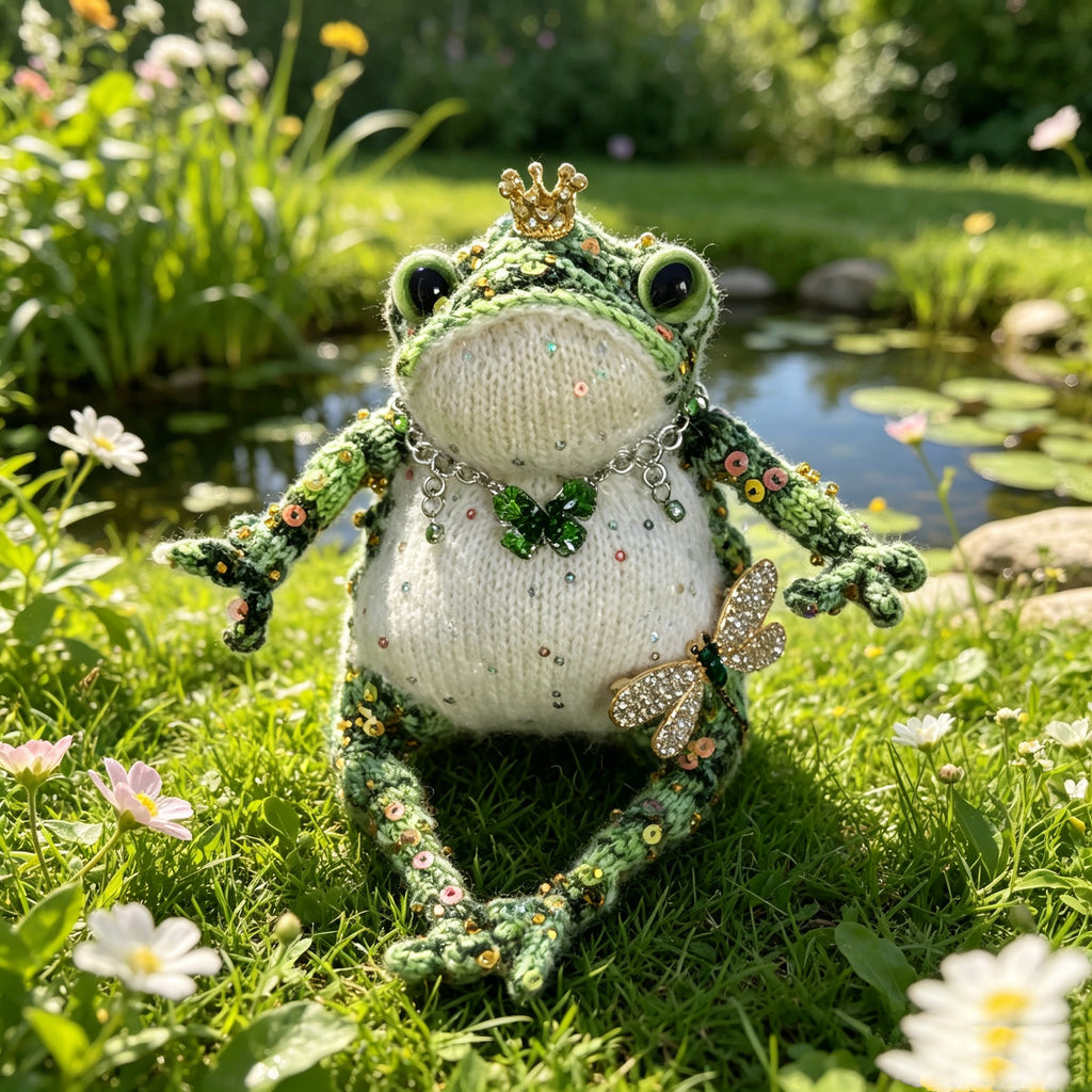 Emerald Jewel Toad – Handmade Green Crochet, Golden Crown, Sequin Spots &amp; Forest Fairy Accessories
