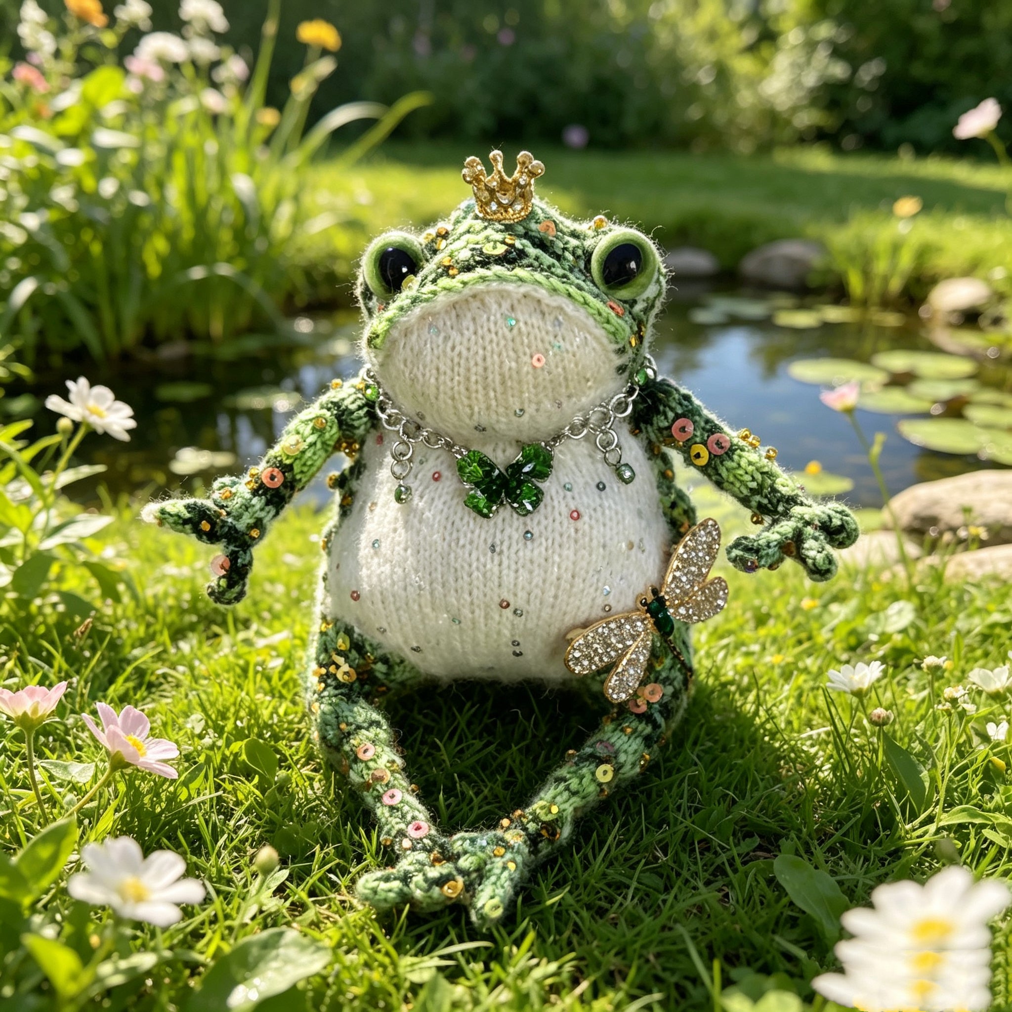 Emerald Jewel Toad – Handmade Green Crochet, Golden Crown, Sequin Spots &amp; Forest Fairy Accessories