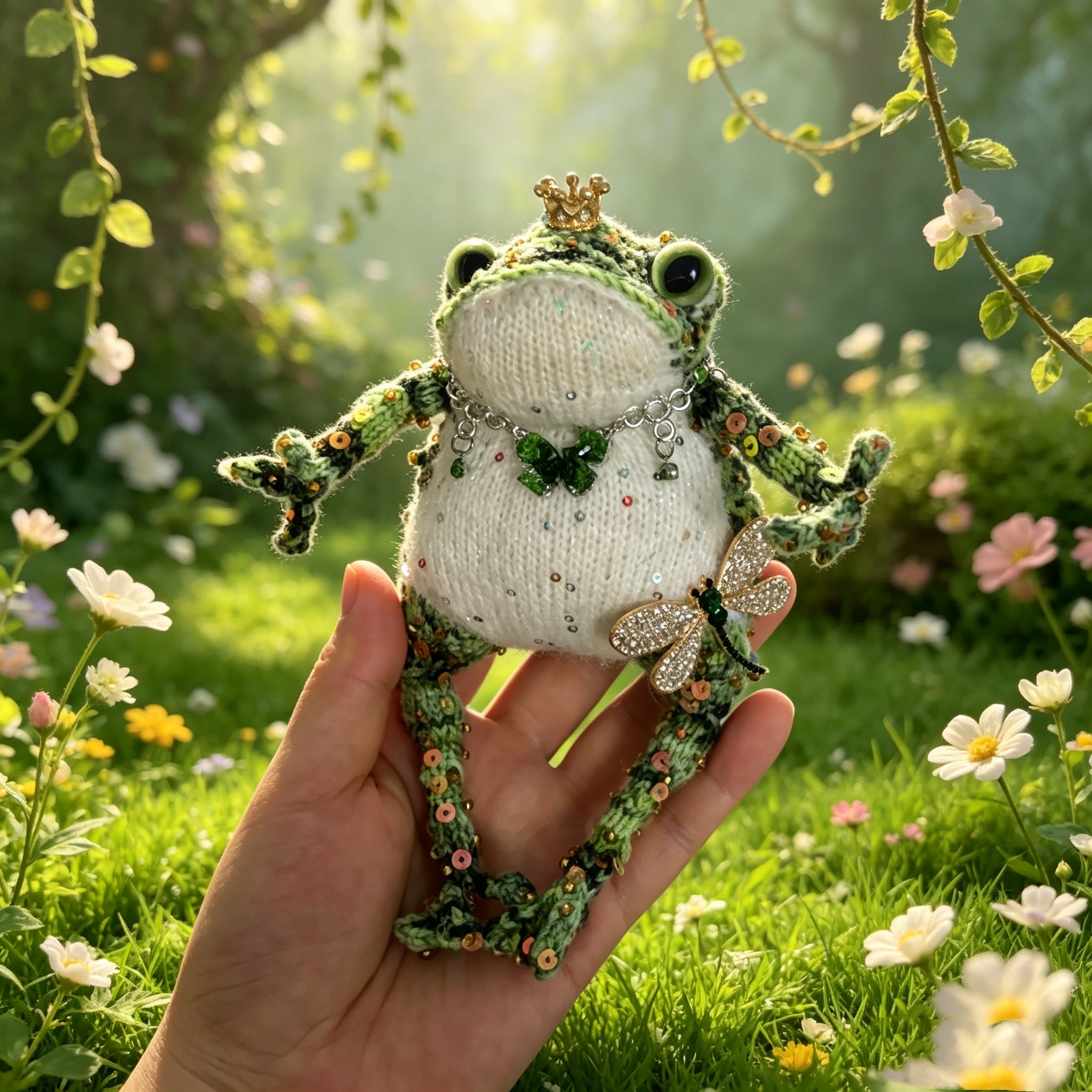 Emerald Jewel Toad – Handmade Green Crochet, Golden Crown, Sequin Spots &amp; Forest Fairy Accessories
