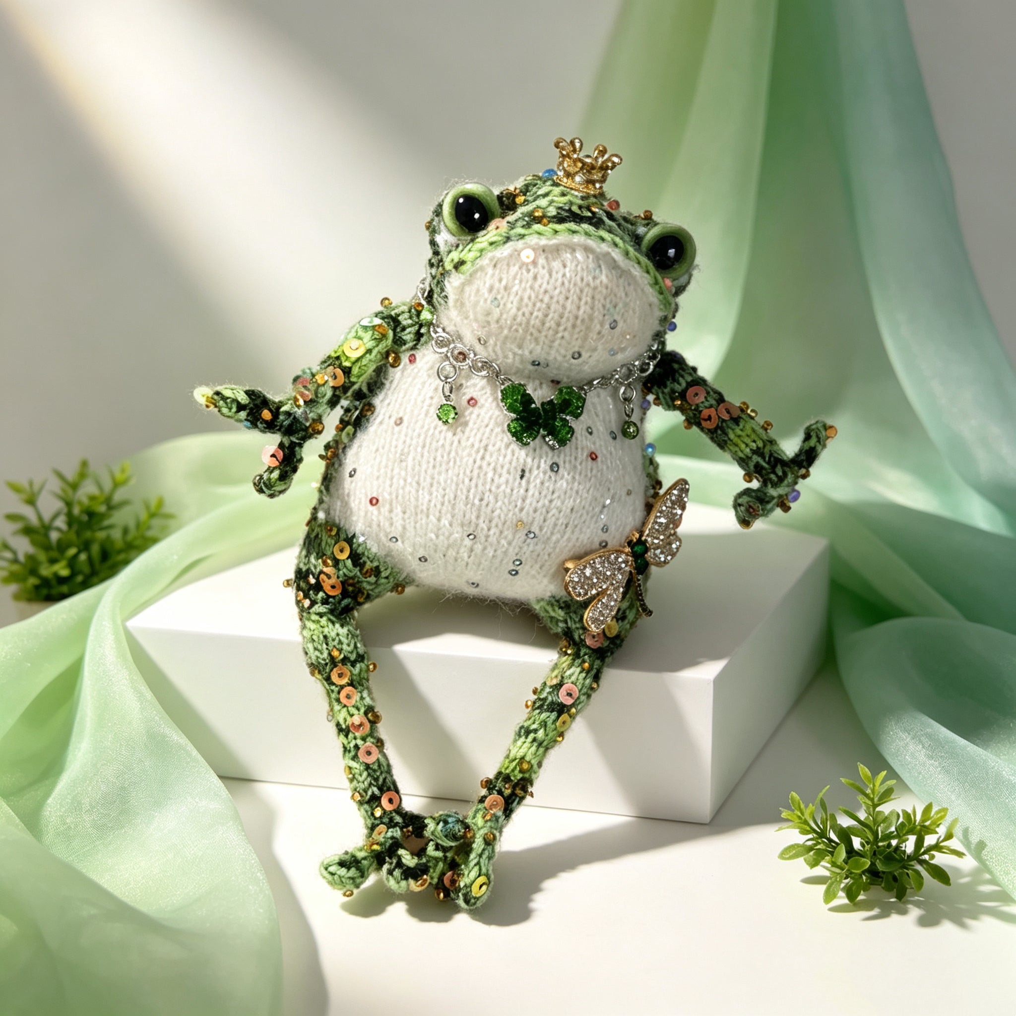 Emerald Jewel Toad – Handmade Green Crochet, Golden Crown, Sequin Spots &amp; Forest Fairy Accessories
