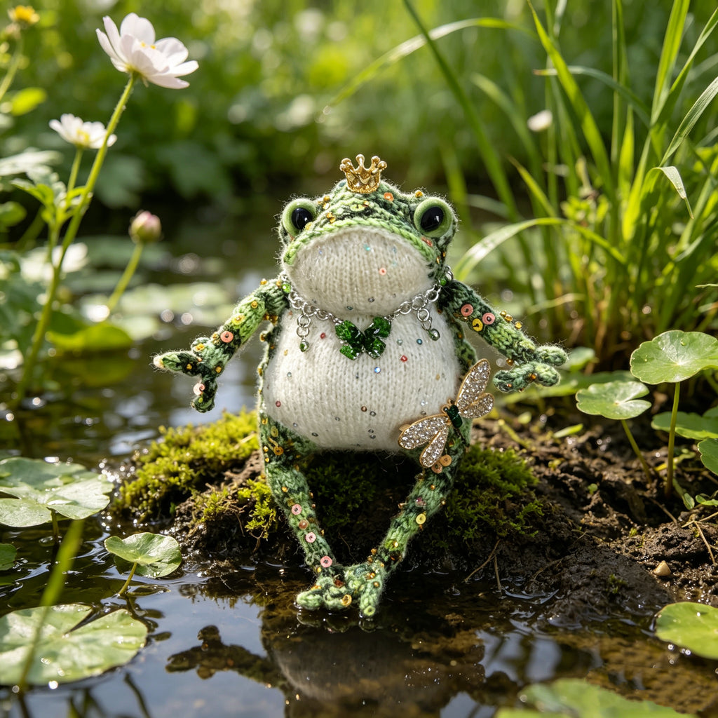 Emerald Jewel Toad – Handmade Green Crochet, Golden Crown, Sequin Spots &amp; Forest Fairy Accessories