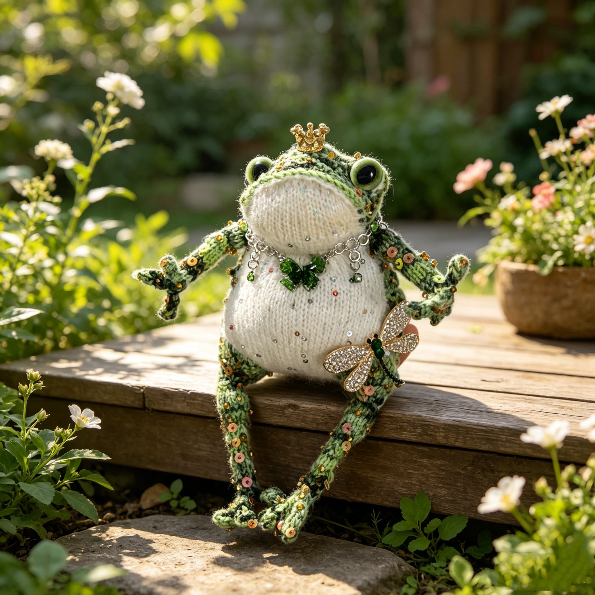 Emerald Jewel Toad – Handmade Green Crochet, Golden Crown, Sequin Spots &amp; Forest Fairy Accessories