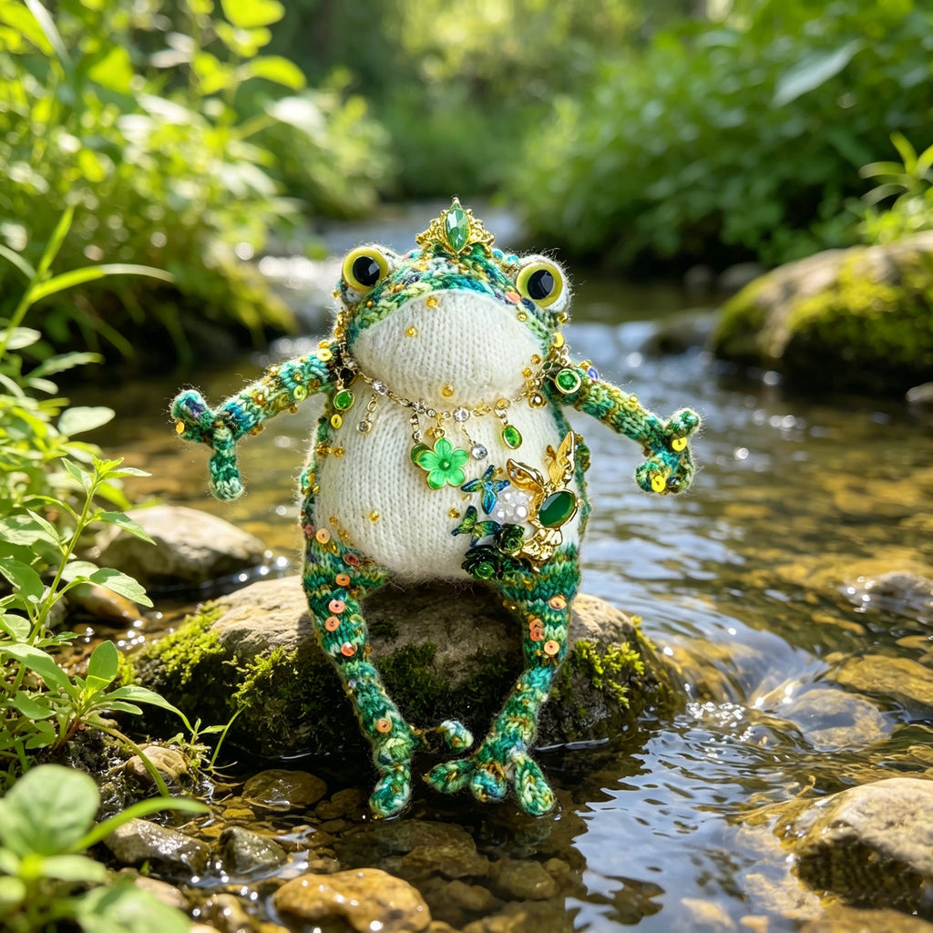 Emerald Rabbit Belly Toad – Hand-Knitted Forest Green Figurine with Gold Crown, Multi-Layer Necklace, and 3D Rabbit Brooch in Green Gem