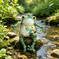 Emerald Rabbit Belly Toad – Hand-Knitted Forest Green Figurine with Gold Crown, Multi-Layer Necklace, and 3D Rabbit Brooch in Green Gem