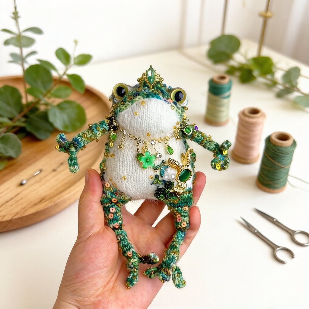 Emerald Rabbit Belly Toad – Hand-Knitted Forest Green Figurine with Gold Crown, Multi-Layer Necklace, and 3D Rabbit Brooch in Green Gem