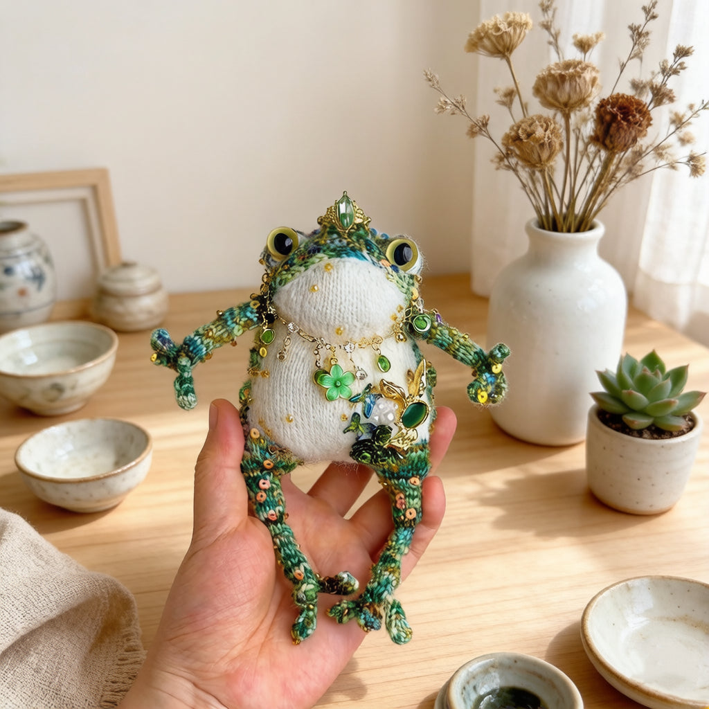 Emerald Rabbit Belly Toad – Hand-Knitted Forest Green Figurine with Gold Crown, Multi-Layer Necklace, and 3D Rabbit Brooch in Green Gem