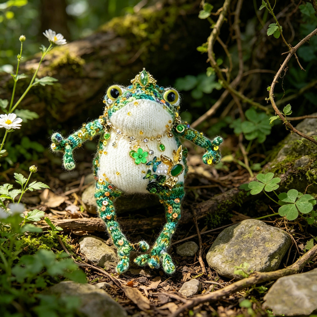Emerald Rabbit Belly Toad – Hand-Knitted Forest Green Figurine with Gold Crown, Multi-Layer Necklace, and 3D Rabbit Brooch in Green Gem