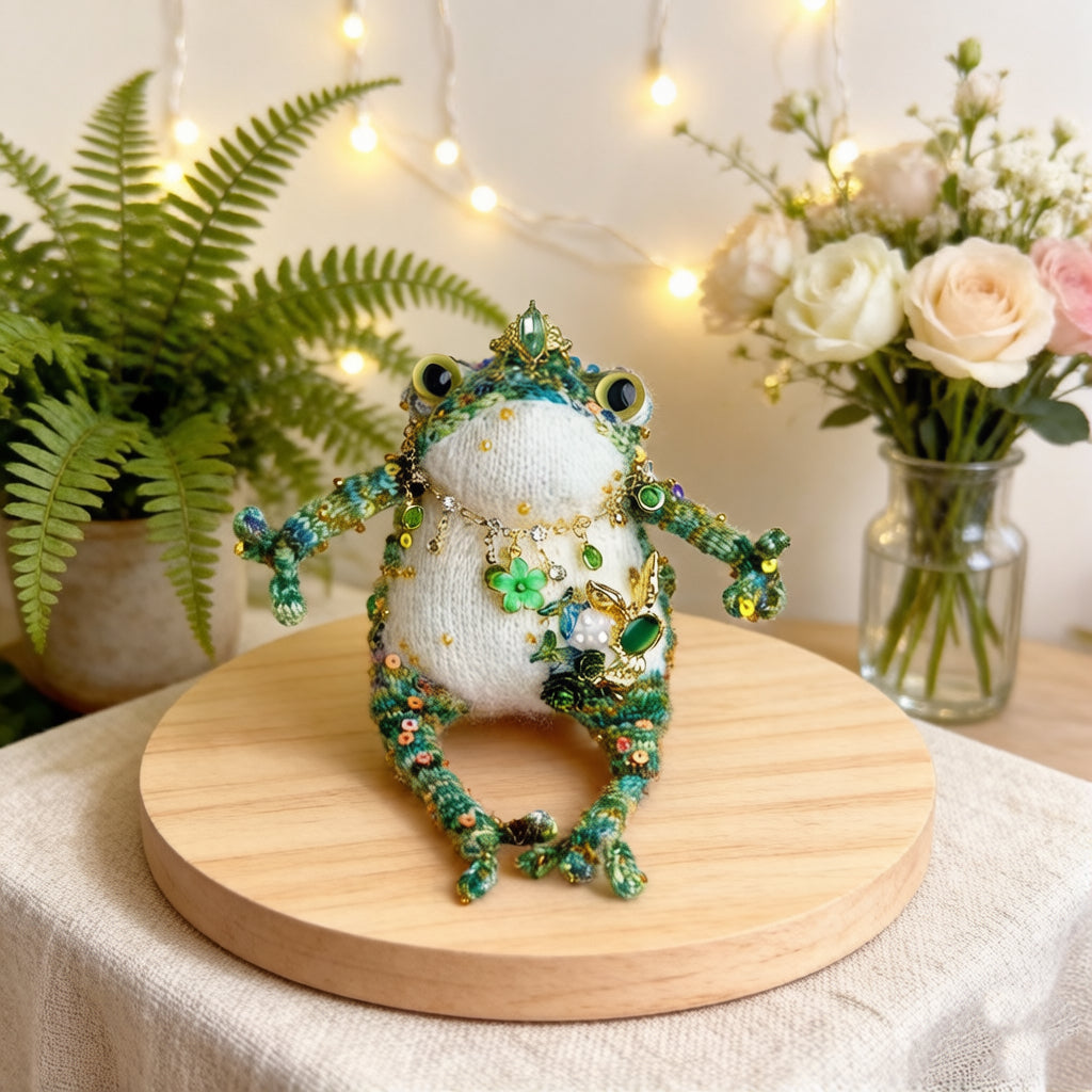Emerald Rabbit Belly Toad – Hand-Knitted Forest Green Figurine with Gold Crown, Multi-Layer Necklace, and 3D Rabbit Brooch in Green Gem