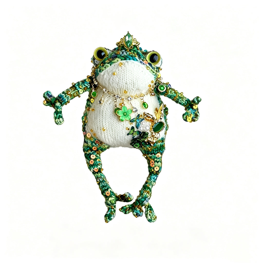 Emerald Rabbit Belly Toad – Hand-Knitted Forest Green Figurine with Gold Crown, Multi-Layer Necklace, and 3D Rabbit Brooch in Green Gem