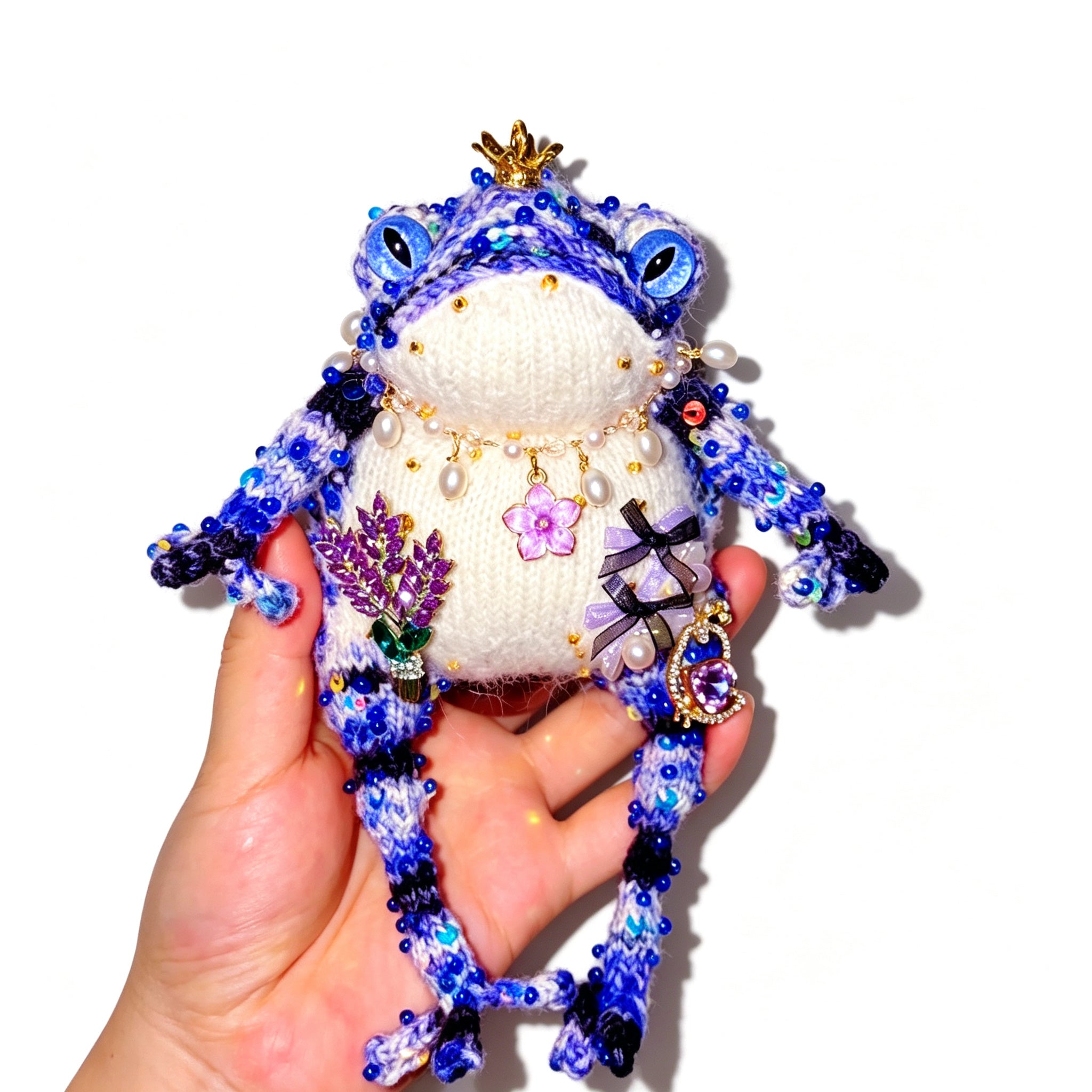 Purple Flower &amp; Crowned Chick Toad Duchess – Hand-Knitted Blue-Violet Figurine with Gold Crown, Pearl Necklace, Lavender Bouquet &amp; Crystal Chick with Heart Gem