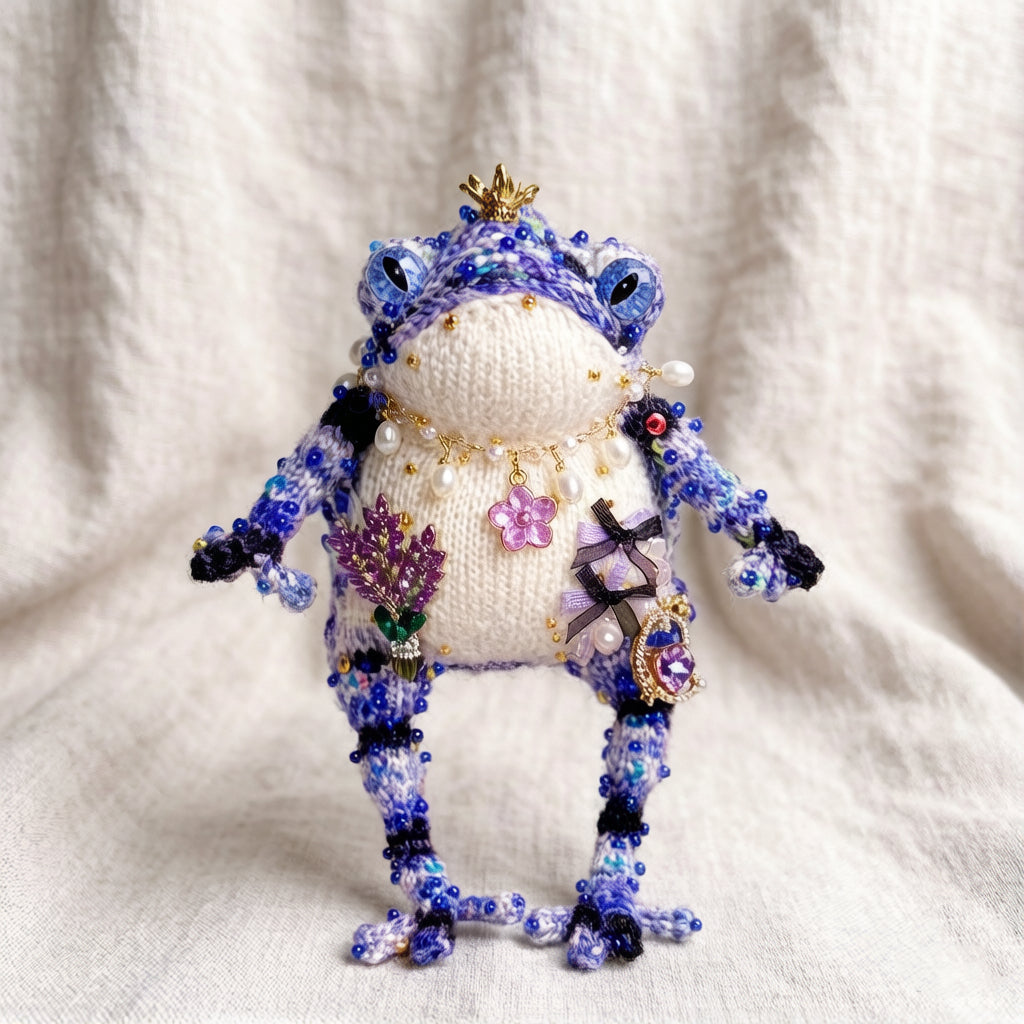 Purple Flower &amp; Crowned Chick Toad Duchess – Hand-Knitted Blue-Violet Figurine with Gold Crown, Pearl Necklace, Lavender Bouquet &amp; Crystal Chick with Heart Gem