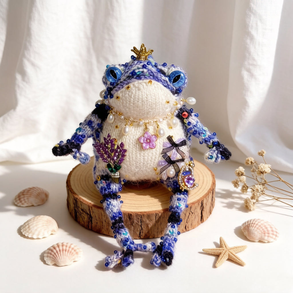 Purple Flower &amp; Crowned Chick Toad Duchess – Hand-Knitted Blue-Violet Figurine with Gold Crown, Pearl Necklace, Lavender Bouquet &amp; Crystal Chick with Heart Gem