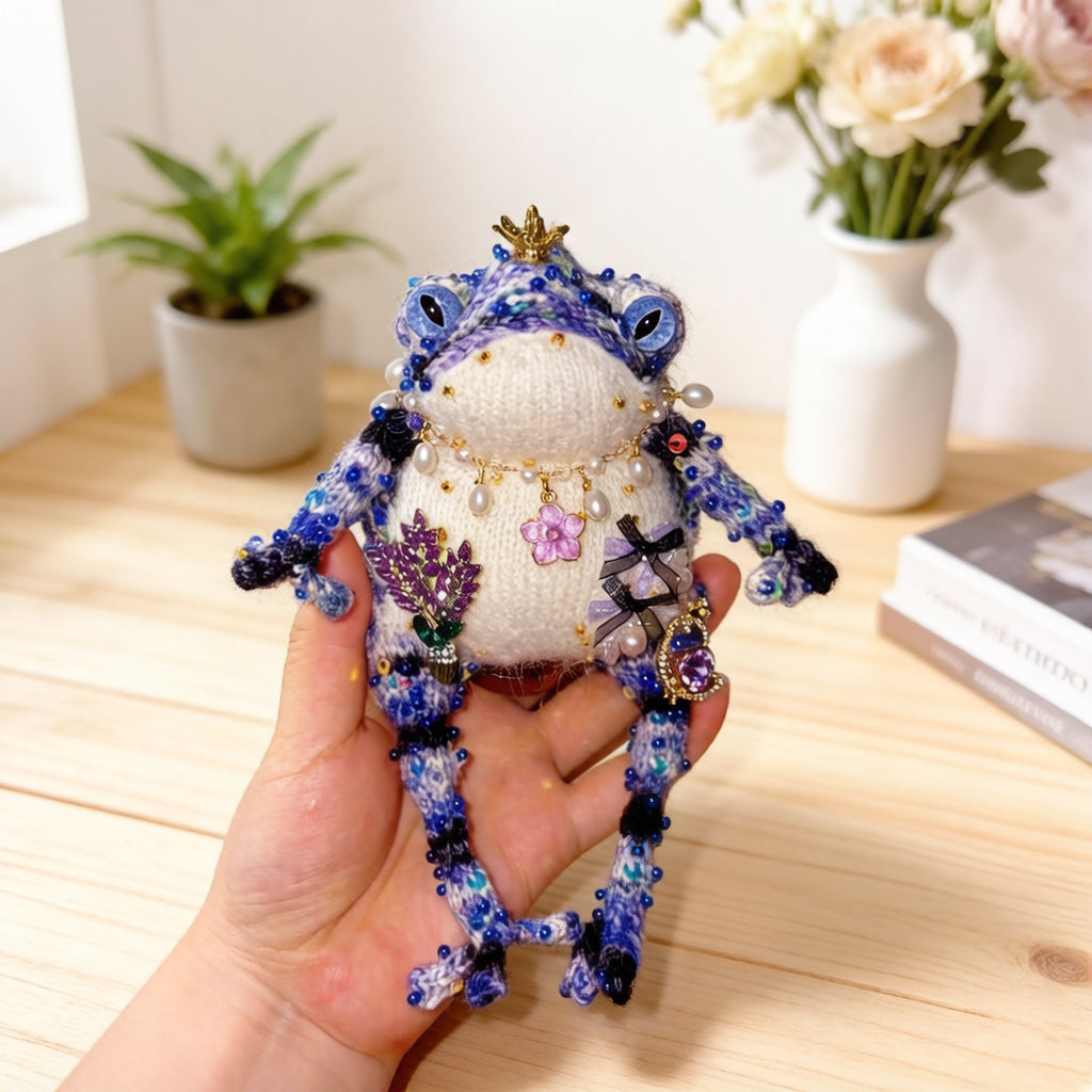 Purple Flower &amp; Crowned Chick Toad Duchess – Hand-Knitted Blue-Violet Figurine with Gold Crown, Pearl Necklace, Lavender Bouquet &amp; Crystal Chick with Heart Gem