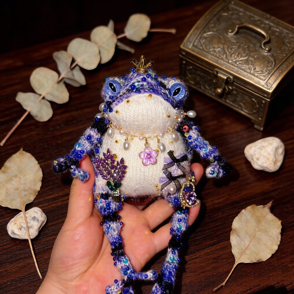 Purple Flower &amp; Crowned Chick Toad Duchess – Hand-Knitted Blue-Violet Figurine with Gold Crown, Pearl Necklace, Lavender Bouquet &amp; Crystal Chick with Heart Gem