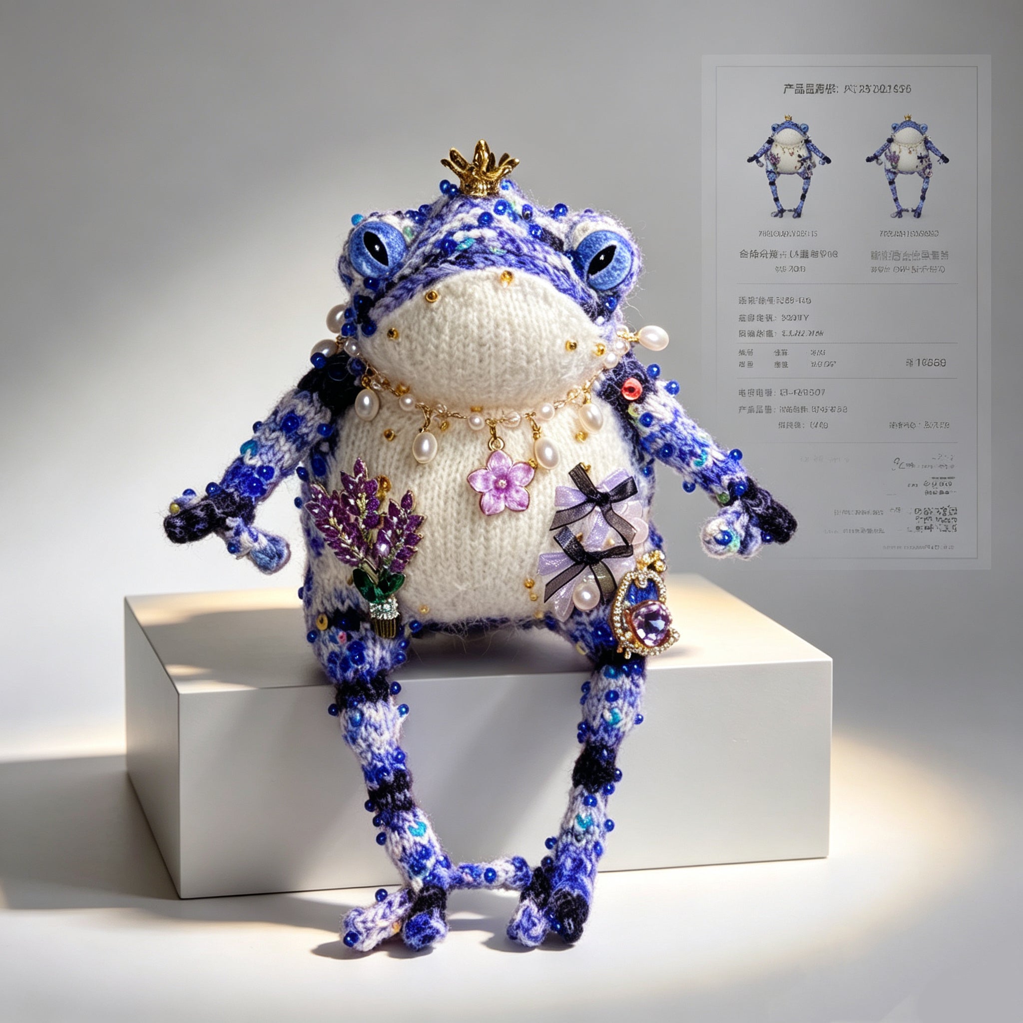 Purple Flower &amp; Crowned Chick Toad Duchess – Hand-Knitted Blue-Violet Figurine with Gold Crown, Pearl Necklace, Lavender Bouquet &amp; Crystal Chick with Heart Gem