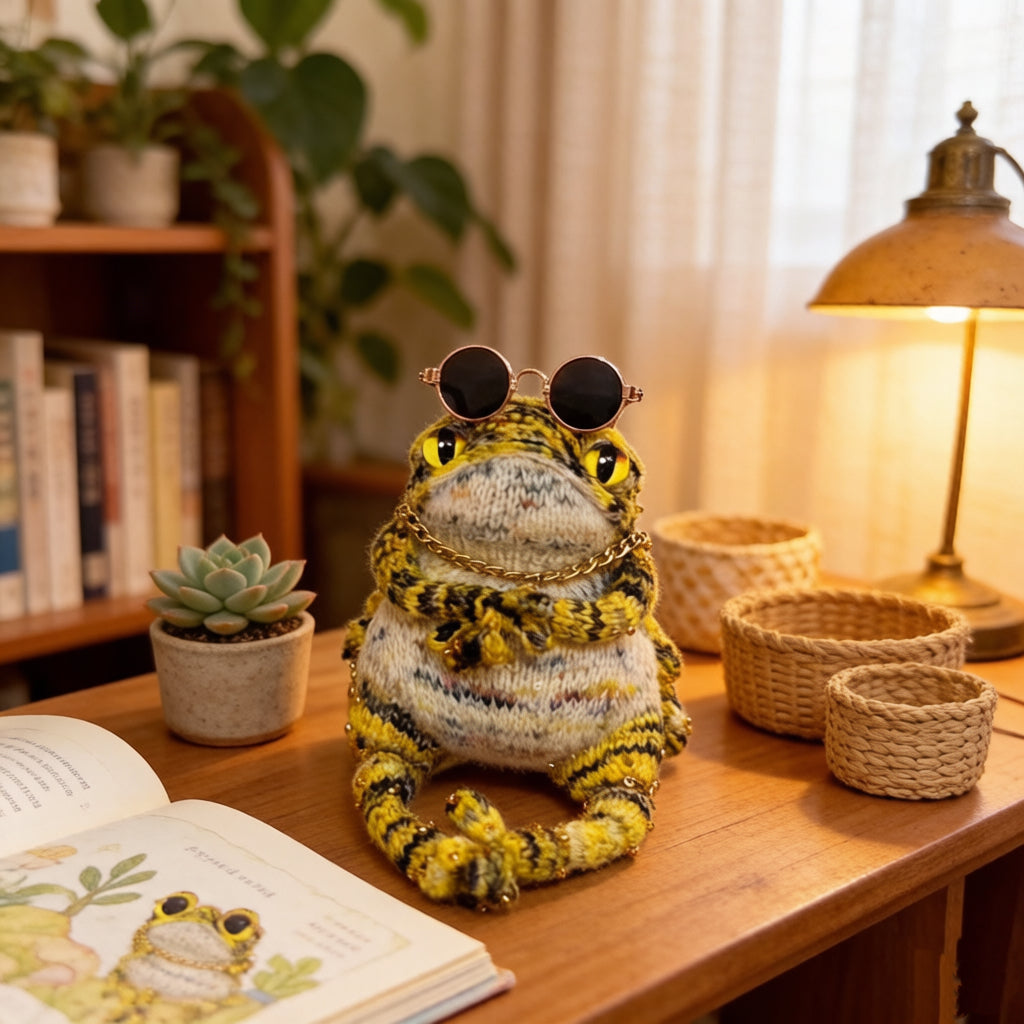 Groovy Jam Toad – Hip-Hop Knit Figurine with Retro Rose Gold Shades, Gold Chain &amp; Mini Instrument Set | The Third Space