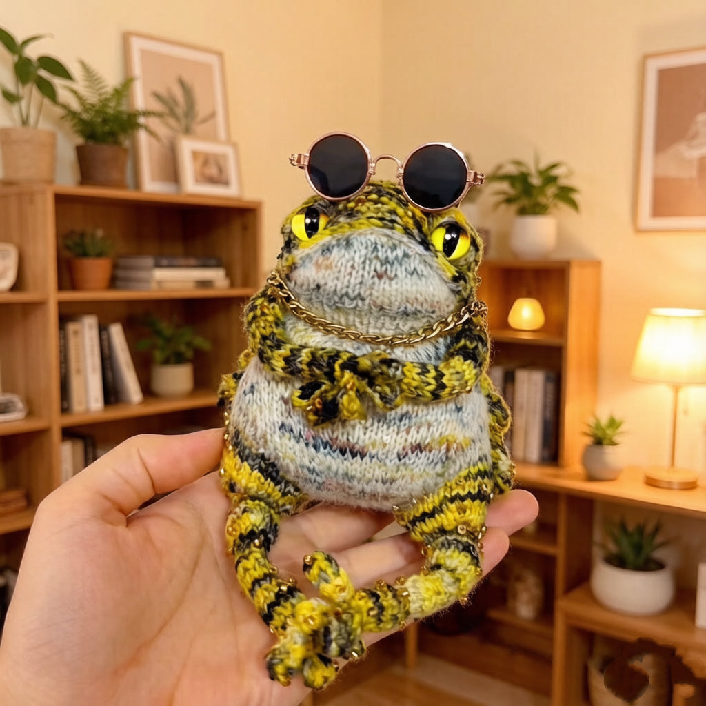 Groovy Jam Toad – Hip-Hop Knit Figurine with Retro Rose Gold Shades, Gold Chain &amp; Mini Instrument Set | The Third Space