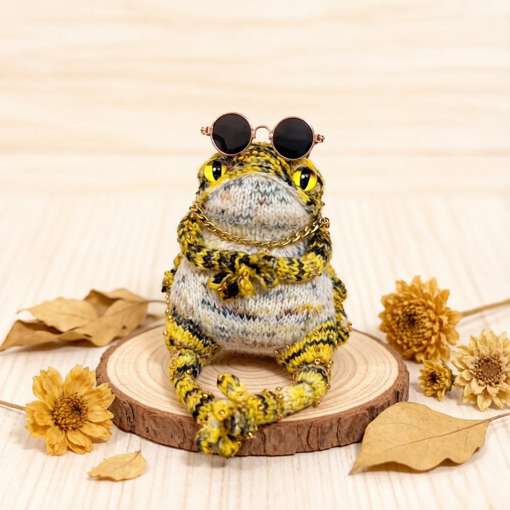Groovy Jam Toad – Hip-Hop Knit Figurine with Retro Rose Gold Shades, Gold Chain &amp; Mini Instrument Set | The Third Space