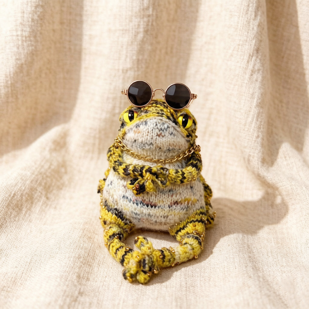 Groovy Jam Toad – Hip-Hop Knit Figurine with Retro Rose Gold Shades, Gold Chain &amp; Mini Instrument Set | The Third Space