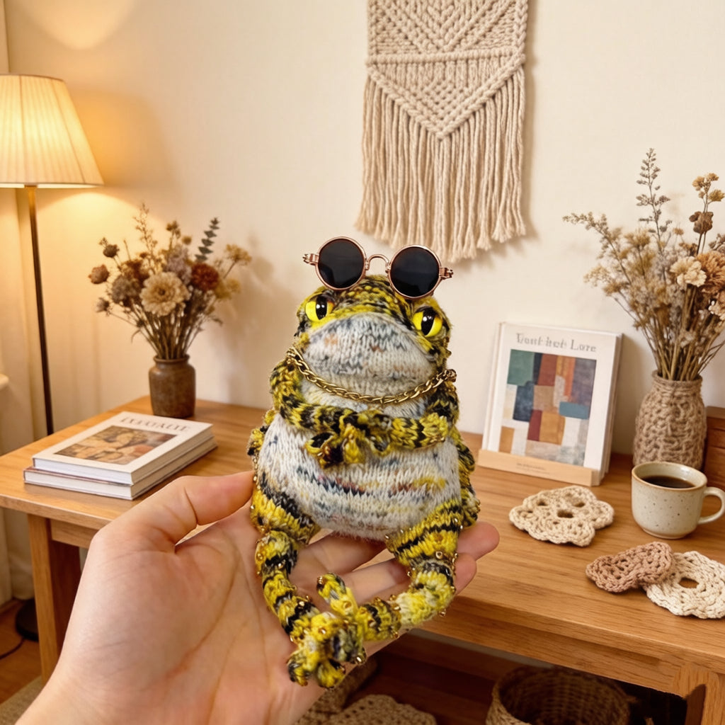 Groovy Jam Toad – Hip-Hop Knit Figurine with Retro Rose Gold Shades, Gold Chain &amp; Mini Instrument Set | The Third Space