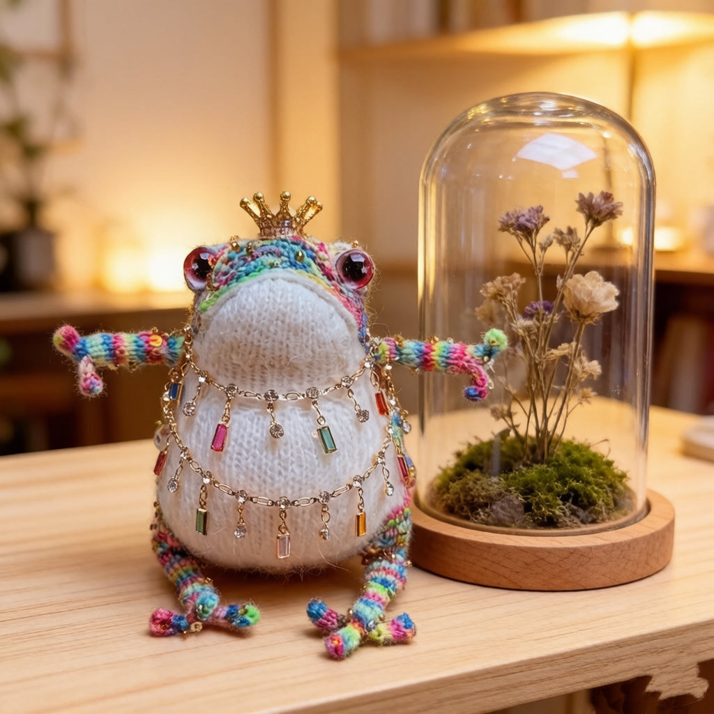 Rainbow Gem Toad – Hand-Knitted Figurine with Gold Crown, Button Eyes, Layered Crystal Chains &amp; Sequin Rainbow Limbs | The Third Space