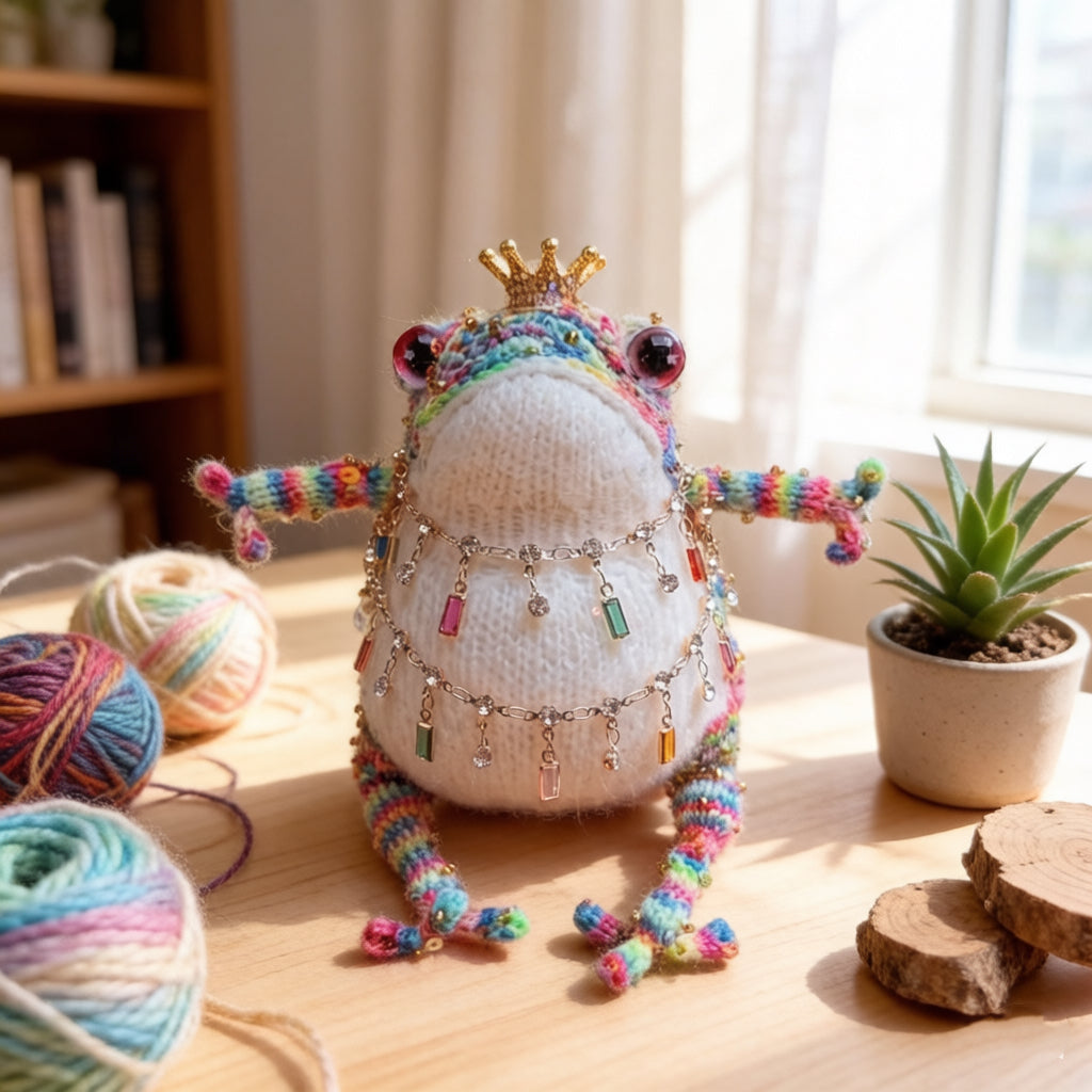 Rainbow Gem Toad – Hand-Knitted Figurine with Gold Crown, Button Eyes, Layered Crystal Chains &amp; Sequin Rainbow Limbs | The Third Space
