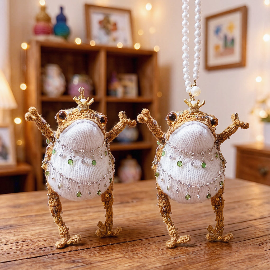 Plump Court Toad Collection – Hand-Knitted Hanging Ornaments with Gold Crowns, Pearl Chains &amp; Layered Gem Tassels | The Third Space