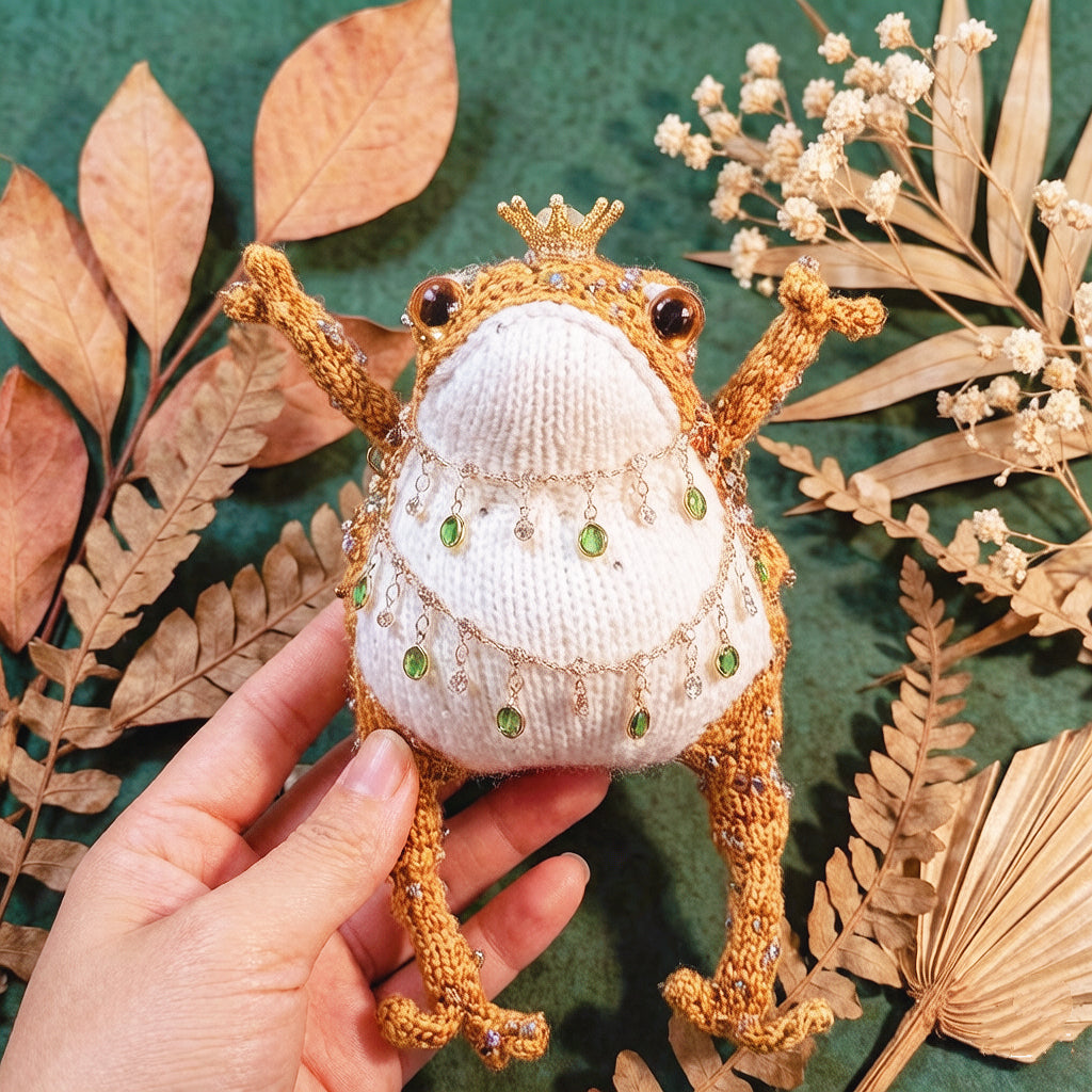 Plump Court Toad Collection – Hand-Knitted Hanging Ornaments with Gold Crowns, Pearl Chains &amp; Layered Gem Tassels | The Third Space