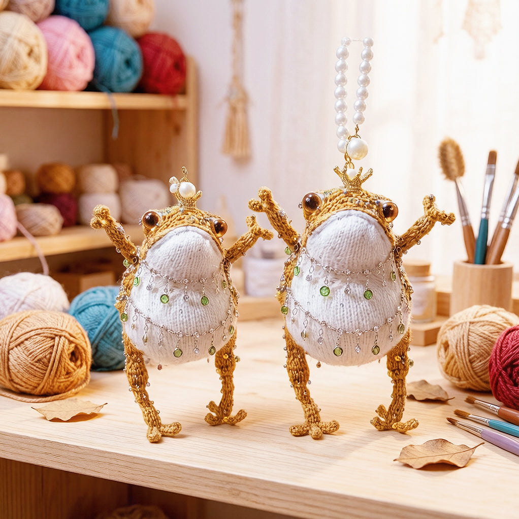 Plump Court Toad Collection – Hand-Knitted Hanging Ornaments with Gold Crowns, Pearl Chains &amp; Layered Gem Tassels | The Third Space