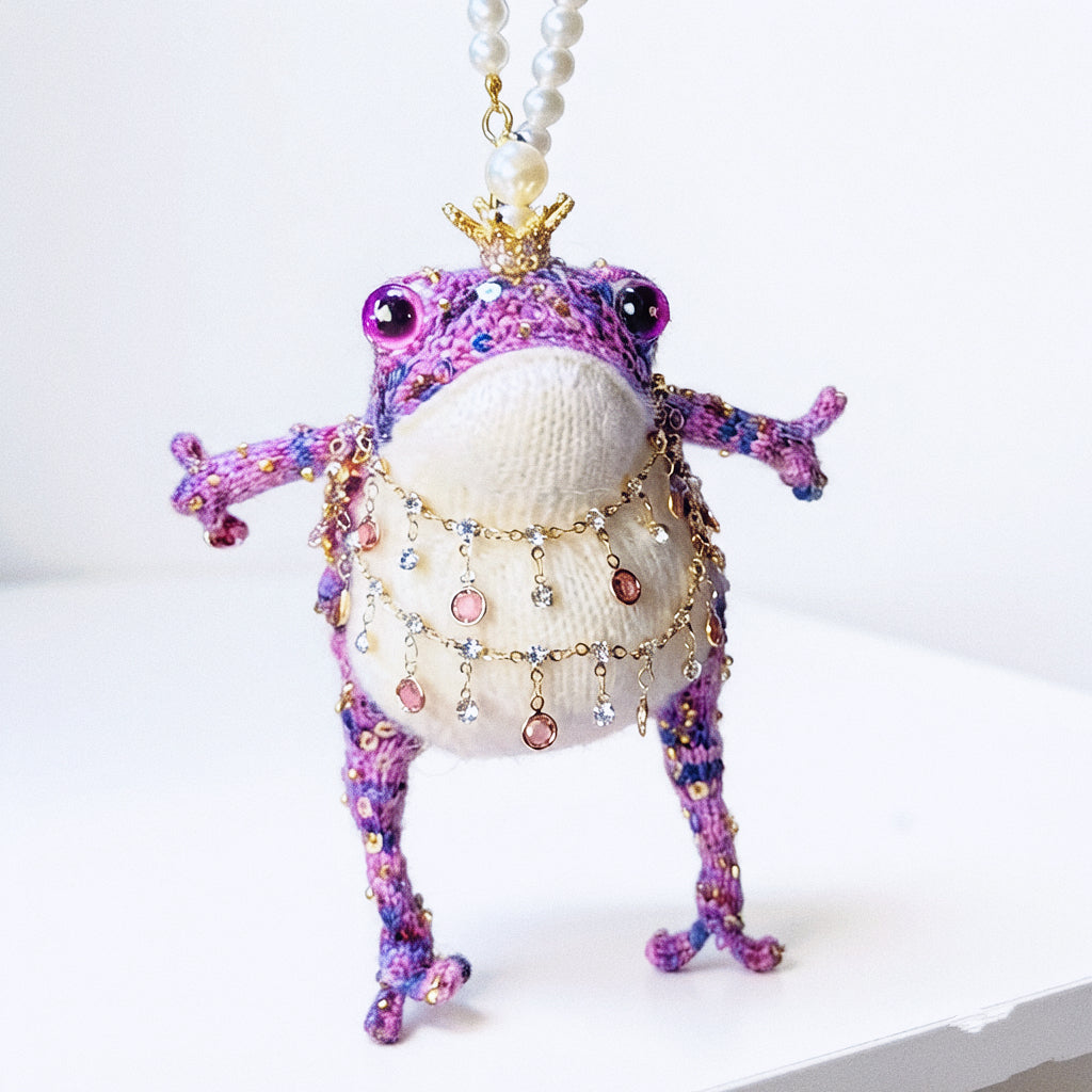 Plump Court Toad Collection – Hand-Knitted Hanging Ornaments with Gold Crowns, Pearl Chains &amp; Layered Gem Tassels | The Third Space