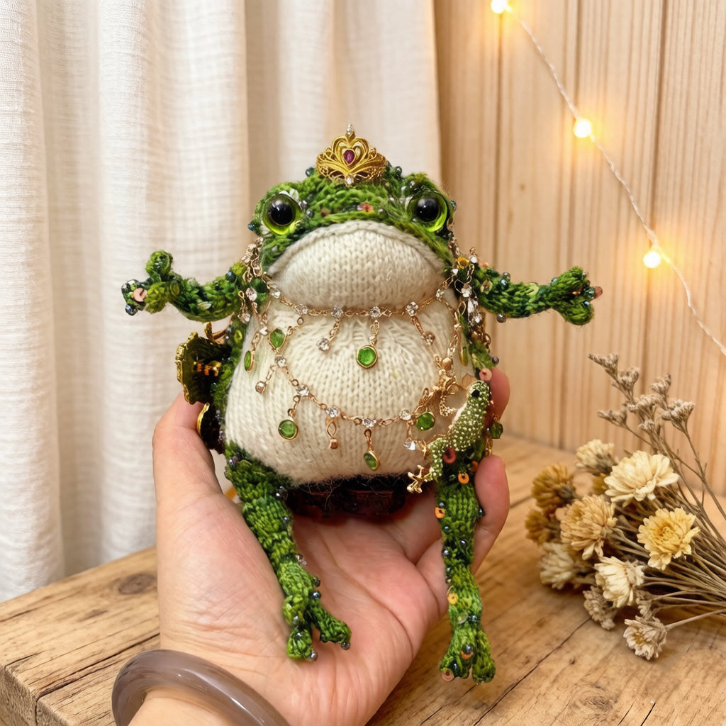Royal Emerald Toad – Hand-Knitted Figurine with Layered Gold Chains, Green Bead Necklace &amp; Colorful Toe Gems | The Third Space