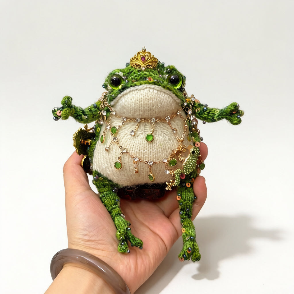 Royal Emerald Toad – Hand-Knitted Figurine with Layered Gold Chains, Green Bead Necklace &amp; Colorful Toe Gems | The Third Space