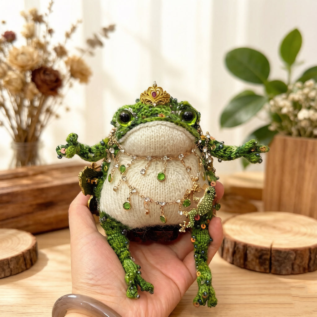 Royal Emerald Toad – Hand-Knitted Figurine with Layered Gold Chains, Green Bead Necklace &amp; Colorful Toe Gems | The Third Space