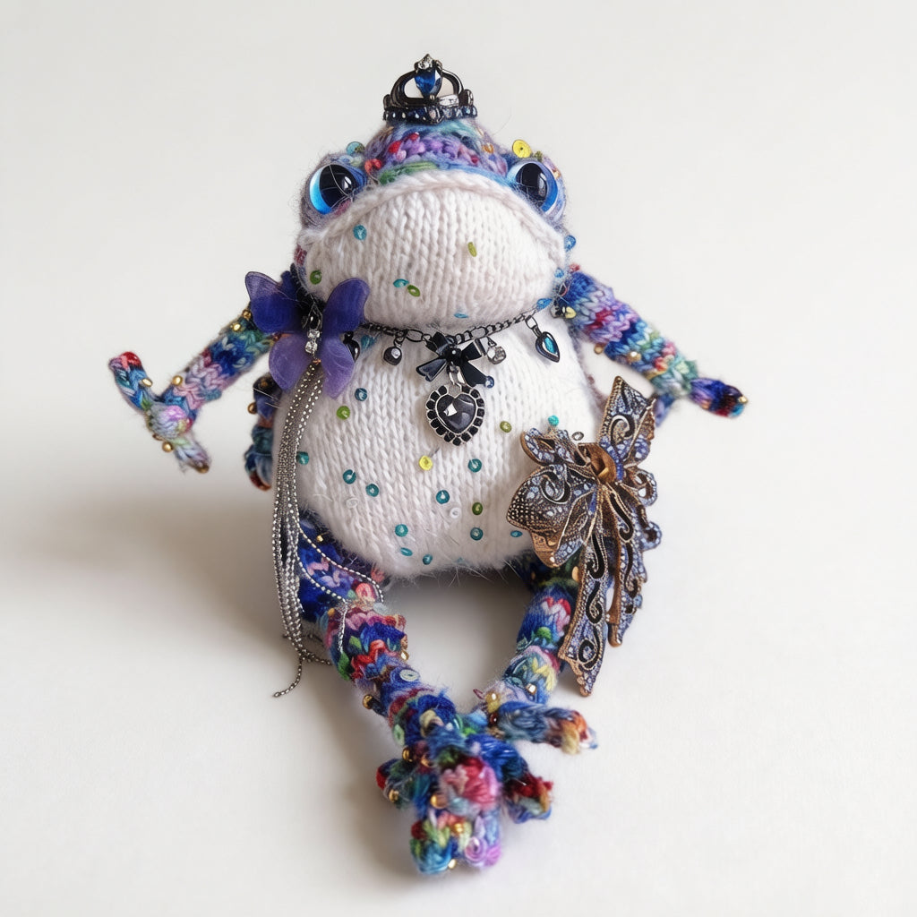 Silver Crown Blue Toad – Hand-Knitted Figurine with Black Heart Pendant, Purple Butterfly, Bronze Wing Brooch &amp; Beaded Limbs | The Third Space