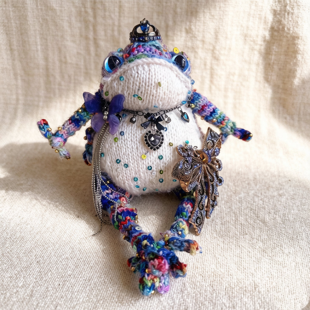 Silver Crown Blue Toad – Hand-Knitted Figurine with Black Heart Pendant, Purple Butterfly, Bronze Wing Brooch &amp; Beaded Limbs | The Third Space