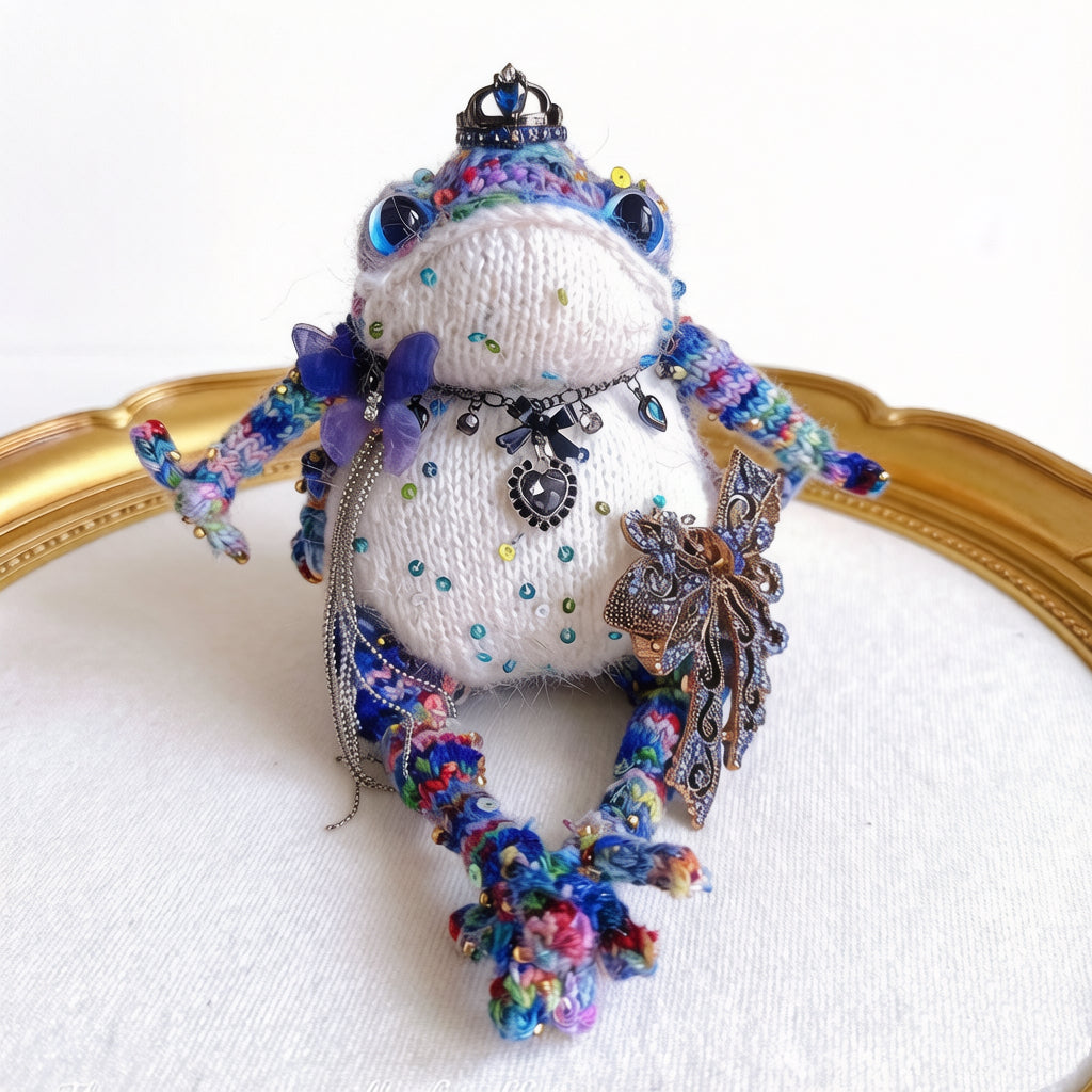 Silver Crown Blue Toad – Hand-Knitted Figurine with Black Heart Pendant, Purple Butterfly, Bronze Wing Brooch &amp; Beaded Limbs | The Third Space