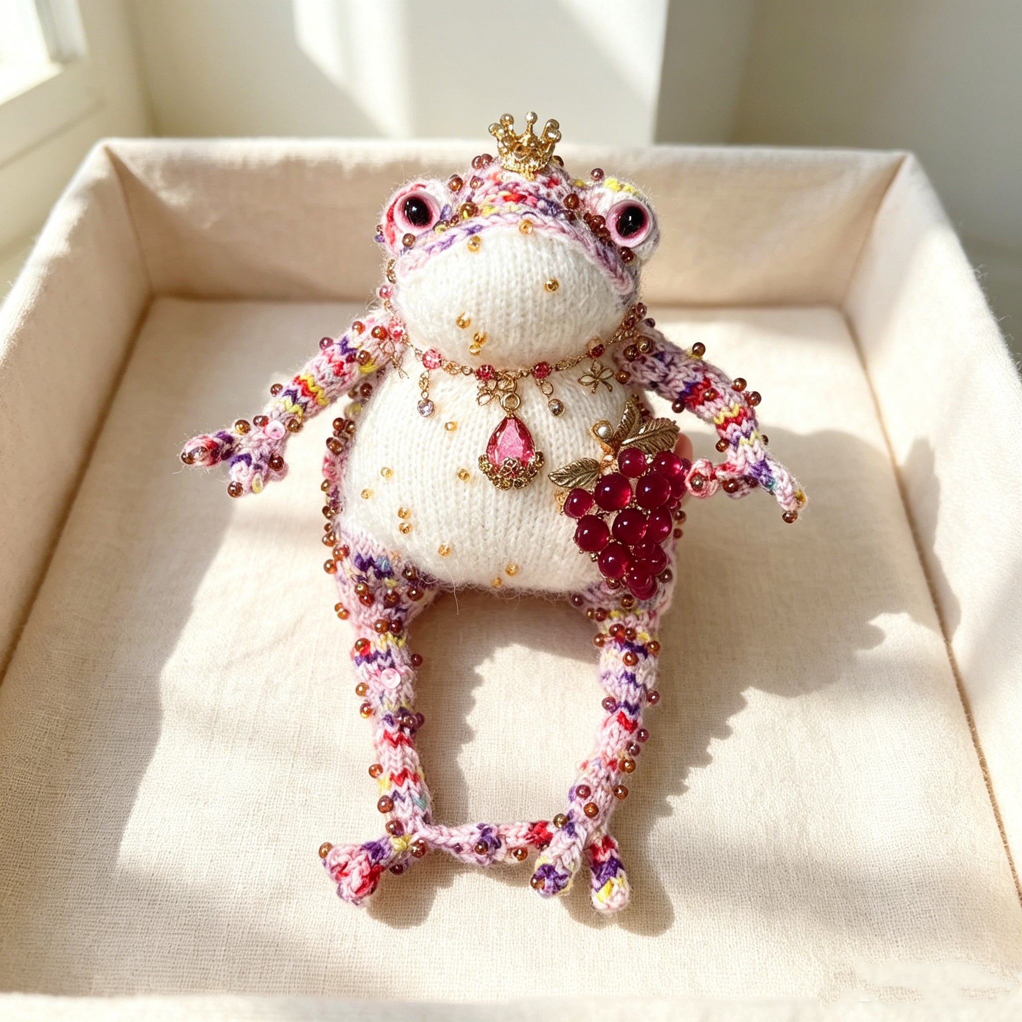 Grape &amp; Ruby Crown Toad – Hand-Knitted Figurine with Gold Crown, Red Bead Necklace, Ruby Teardrop Pendant &amp; Beaded Grape Cluster | The Third Space