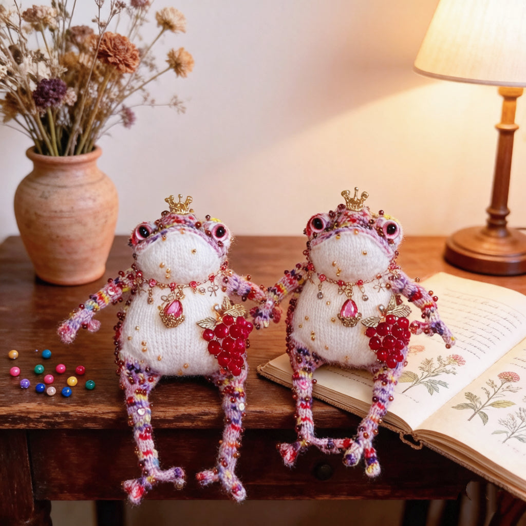 Grape &amp; Ruby Crown Toad – Hand-Knitted Figurine with Gold Crown, Red Bead Necklace, Ruby Teardrop Pendant &amp; Beaded Grape Cluster | The Third Space