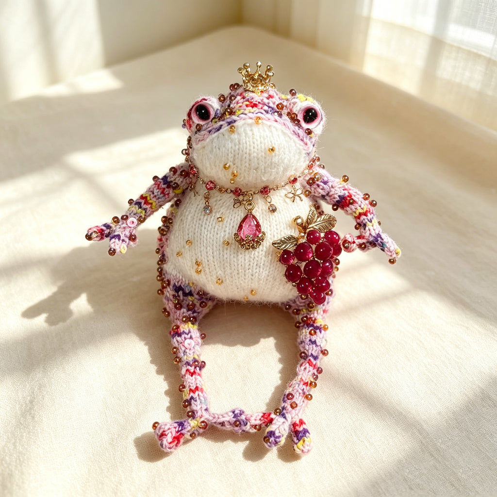 Grape &amp; Ruby Crown Toad – Hand-Knitted Figurine with Gold Crown, Red Bead Necklace, Ruby Teardrop Pendant &amp; Beaded Grape Cluster | The Third Space