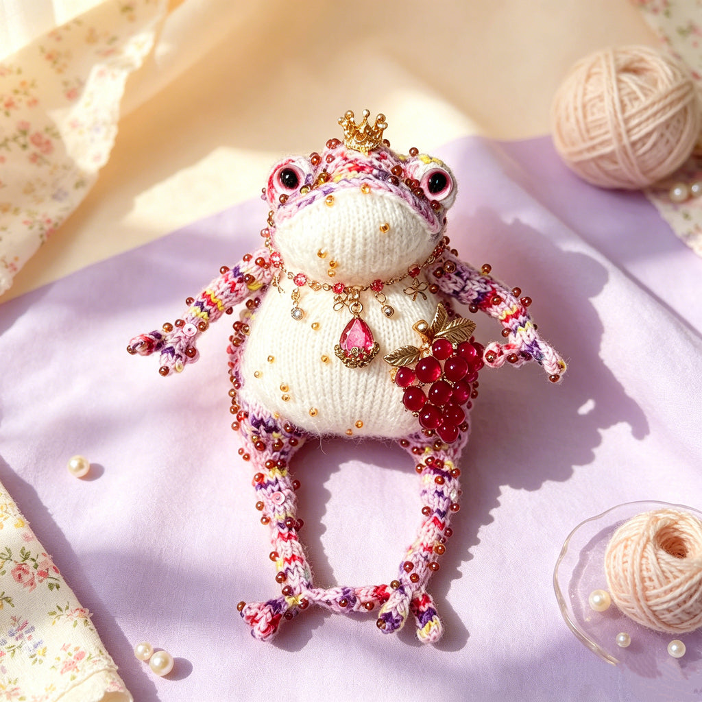 Grape &amp; Ruby Crown Toad – Hand-Knitted Figurine with Gold Crown, Red Bead Necklace, Ruby Teardrop Pendant &amp; Beaded Grape Cluster | The Third Space