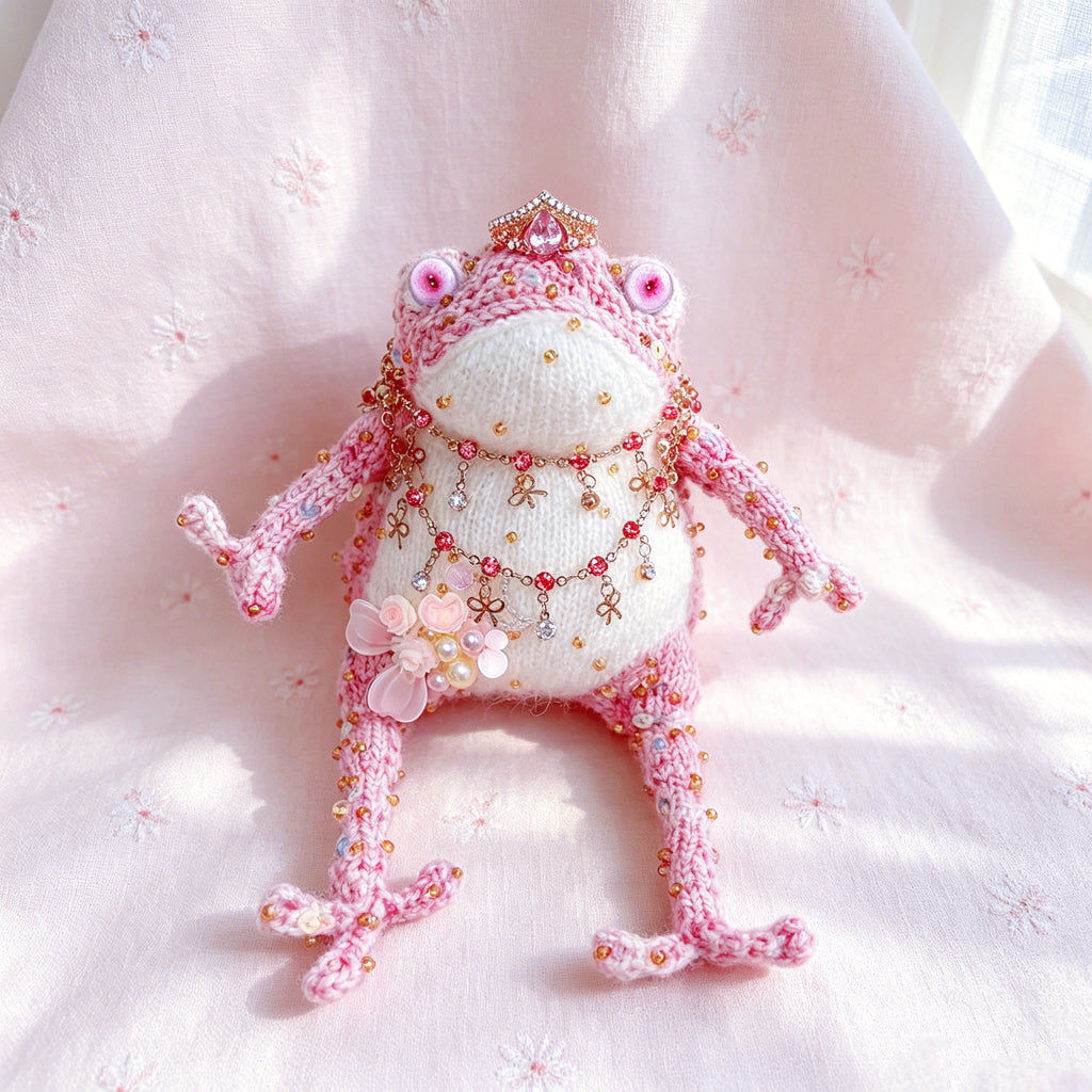 Pink Crown Toad – Hand-Knitted Figurine with Gold Crown, Pink Teardrop Gem, Layered Chains, Butterfly Bow Pendant &amp; Pearl Flower Cluster | The Third Space