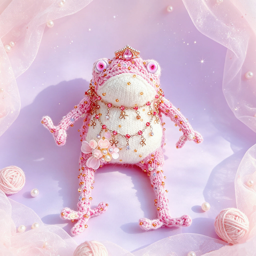 Pink Crown Toad – Hand-Knitted Figurine with Gold Crown, Pink Teardrop Gem, Layered Chains, Butterfly Bow Pendant &amp; Pearl Flower Cluster | The Third Space
