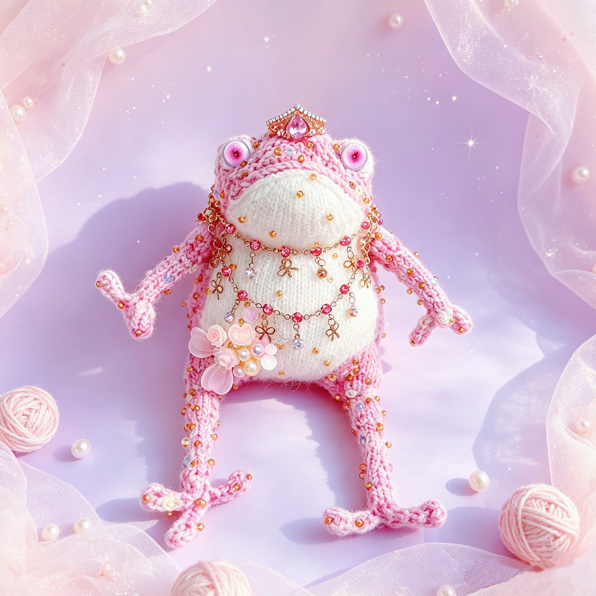Pink Crown Toad – Hand-Knitted Figurine with Gold Crown, Pink Teardrop Gem, Layered Chains, Butterfly Bow Pendant &amp; Pearl Flower Cluster | The Third Space